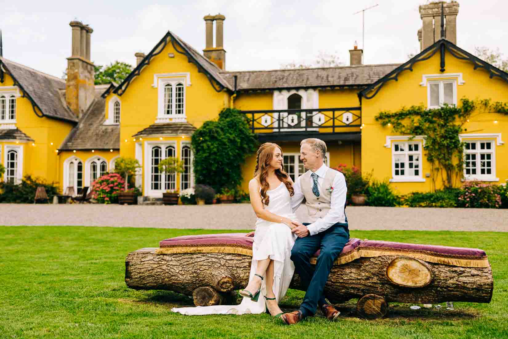 Bride and groom outside Martinstown House
